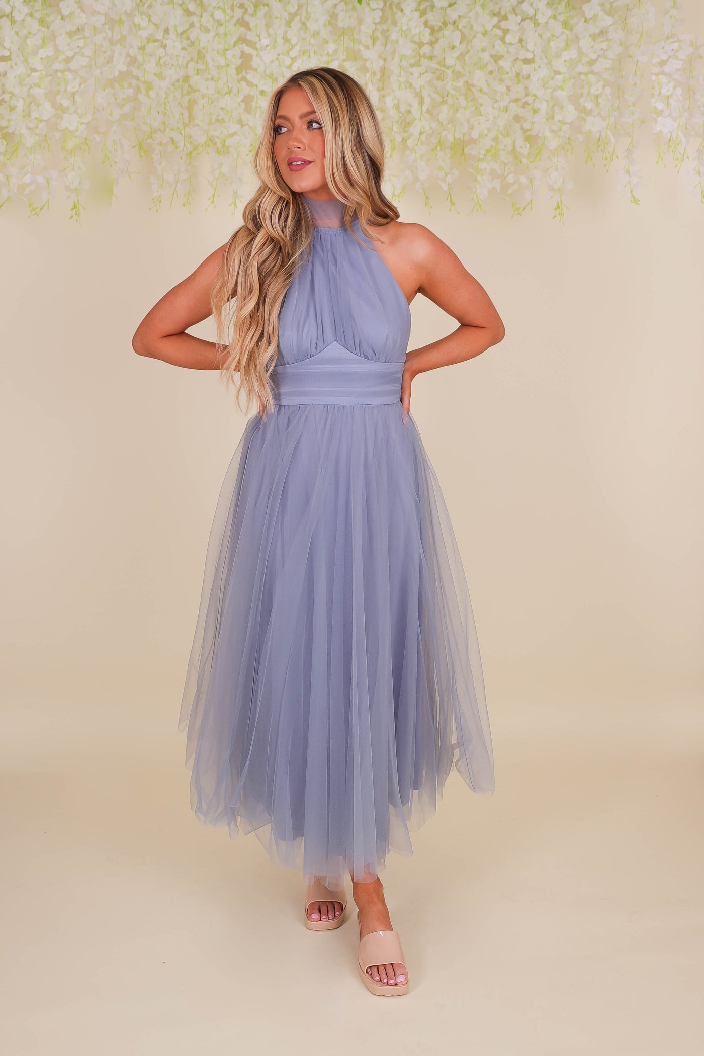 Women's Blue Midi Dress- Fancy Tulle Dress For Women- Fancy Wedding Guest Dress