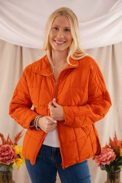 Rust Orange Quilted Puffer Jacket- Women's Boxy Fall Jacket- FP Dupe Quilted Jacket