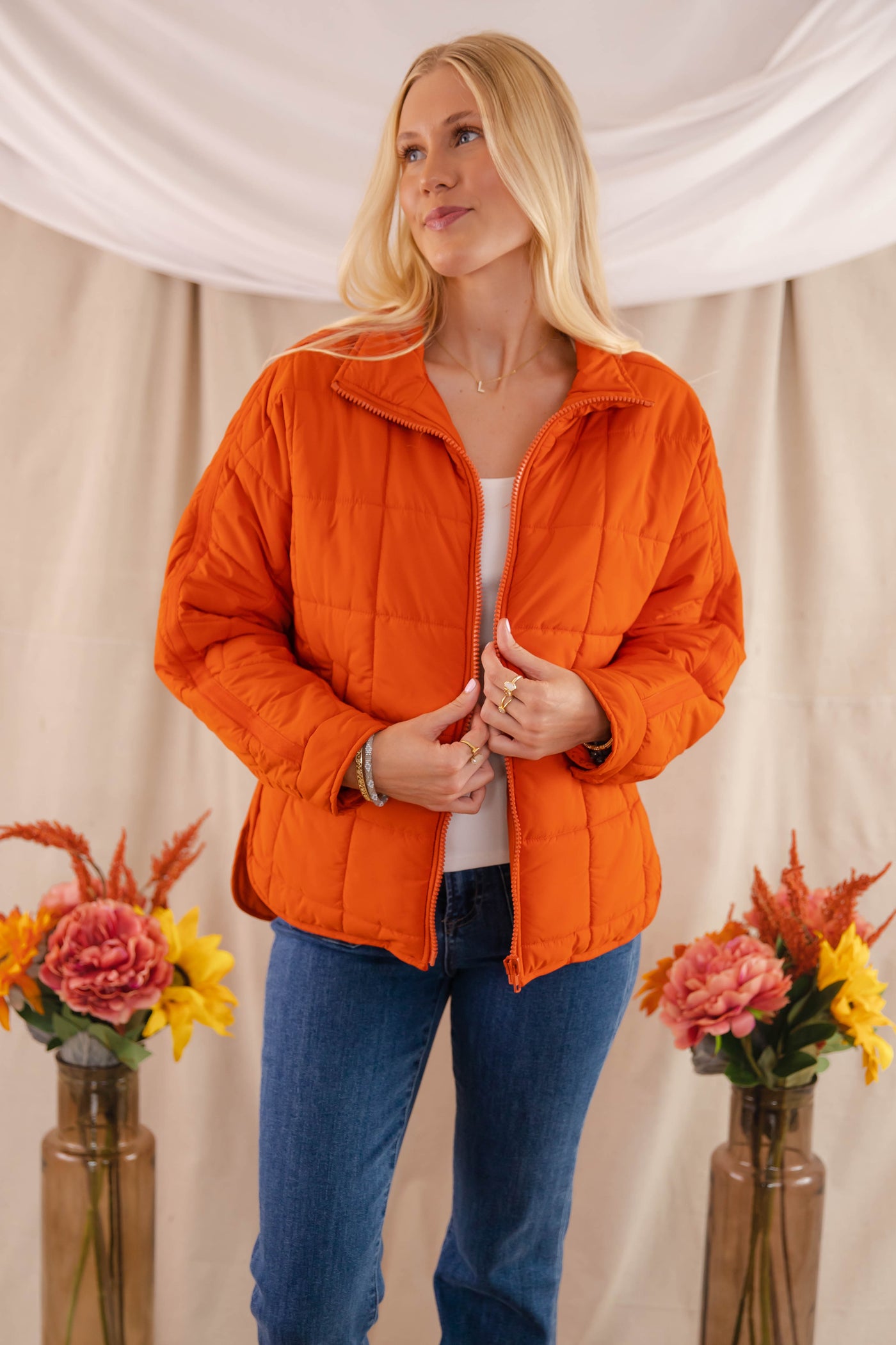 Rust Orange Quilted Puffer Jacket- Women's Boxy Fall Jacket- FP Dupe Quilted Jacket