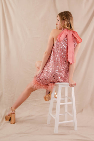 Hot Pink Feather Dress- Women's Pink Sequin Dress- Sequin Feather Dress