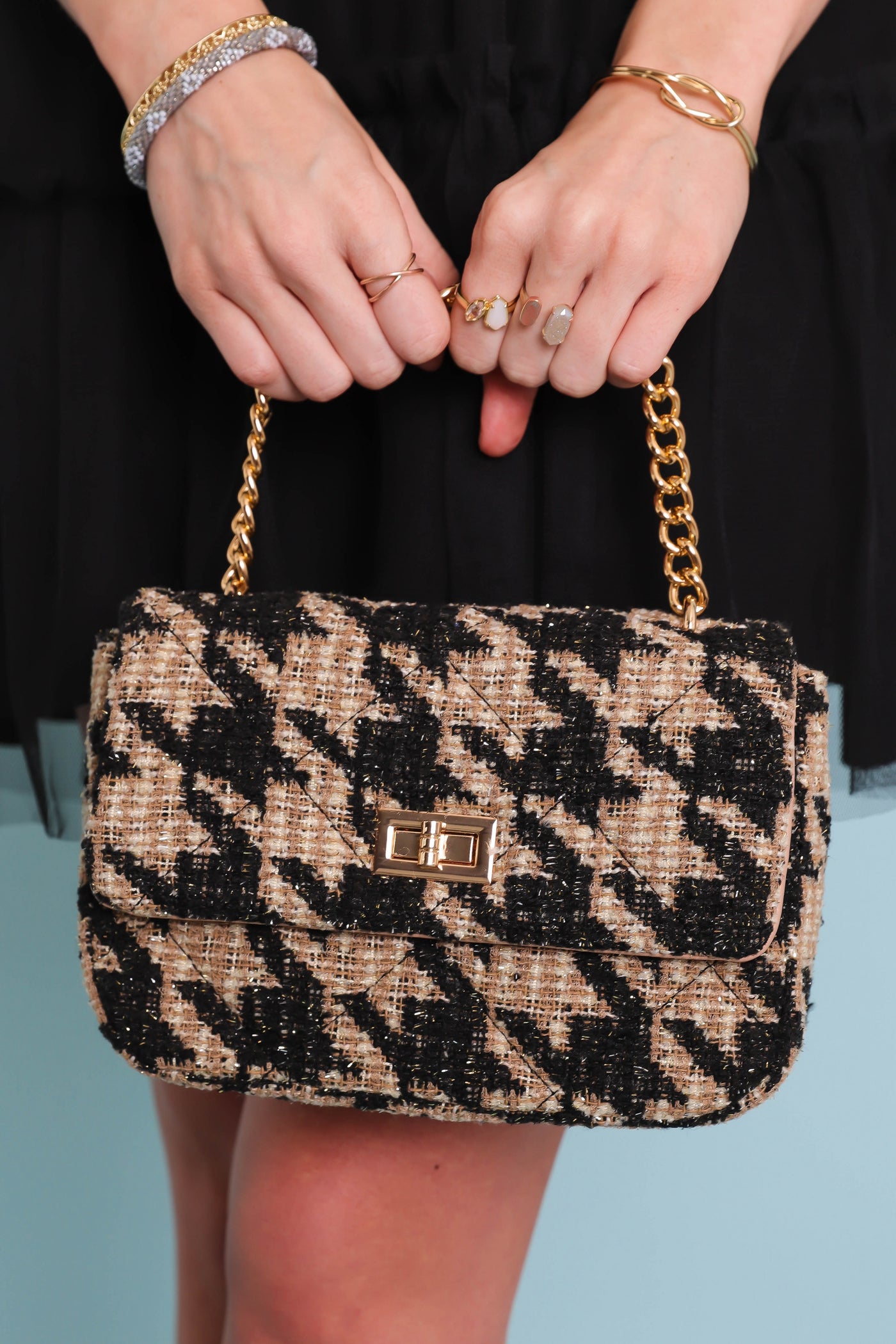 Black and Beige Tweed Handbag- Designer Dupe Tweed Chain Purse- Urban Expressions Handbags