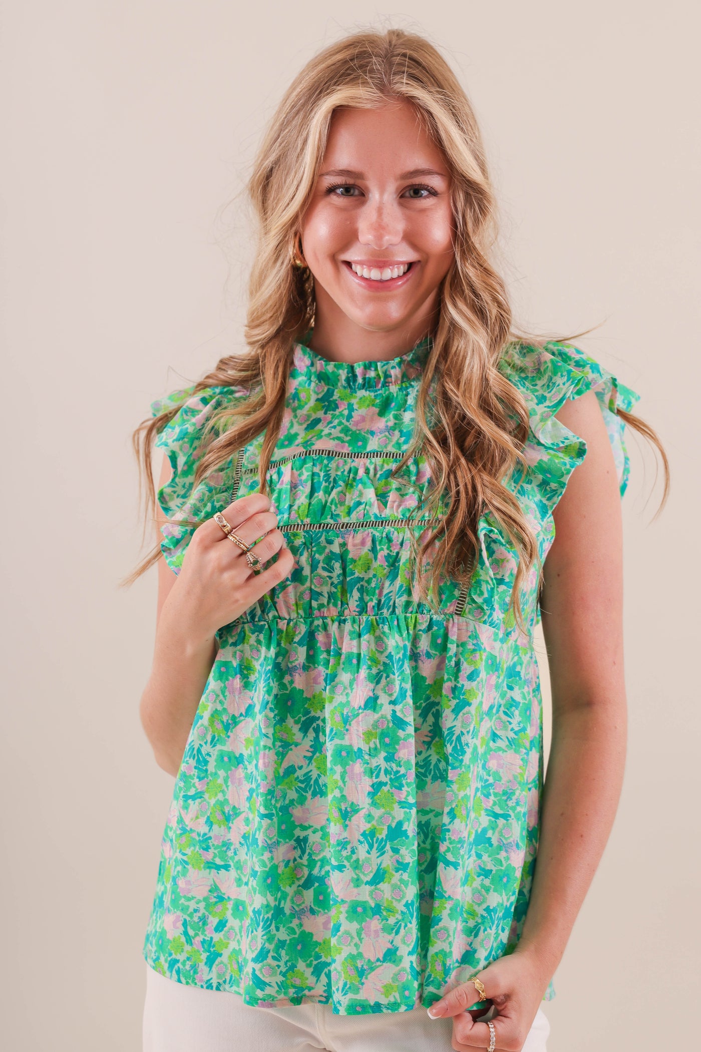 Green Babydoll Style Top- Women's Preppy Tops- Women's Colorful Blouse