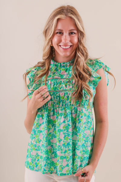 Green Babydoll Style Top- Women's Preppy Tops- Women's Colorful Blouse