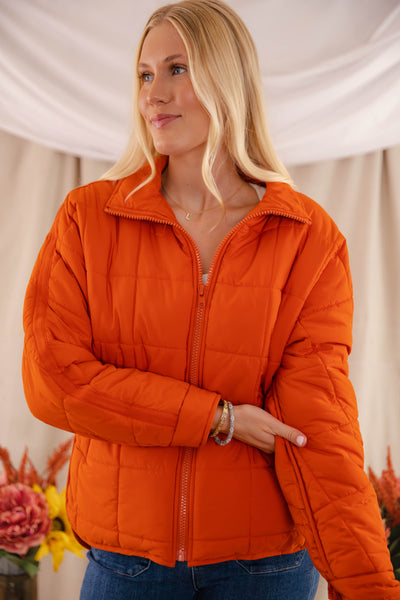 Rust Orange Quilted Puffer Jacket- Women's Boxy Fall Jacket- FP Dupe Quilted Jacket