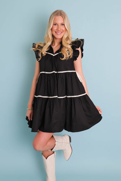 Women's Black Button Down Dress- Chic High End Dress with Ruffle Sleeves- Sofie The Label Dress