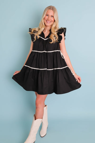 Women's Black Button Down Dress- Chic High End Dress with Ruffle Sleeves- Sofie The Label Dress