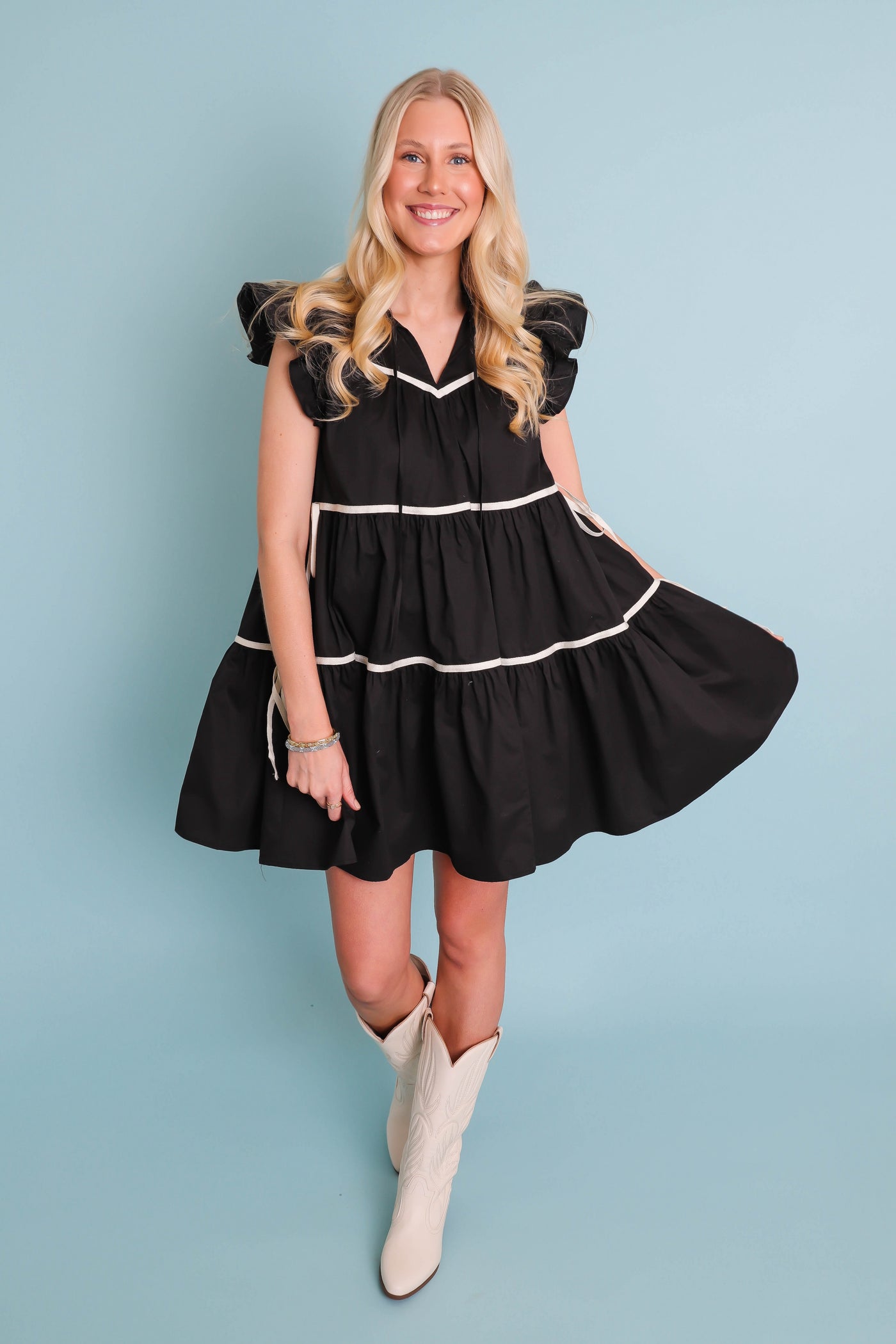 Women's Black Button Down Dress- Chic High End Dress with Ruffle Sleeves- Sofie The Label Dress