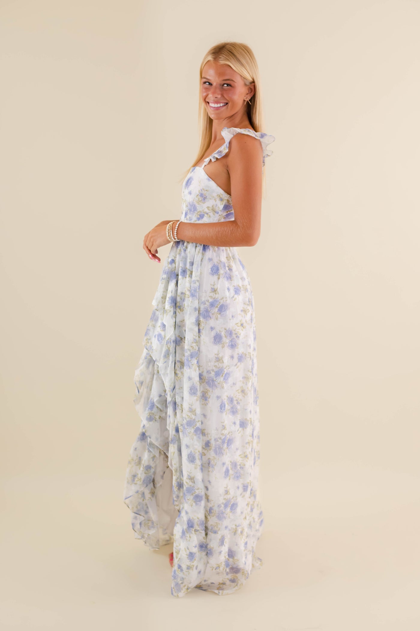 Blue Rose Printed Dress-High-Low Maxi Dress- Storia Floral Print Dress