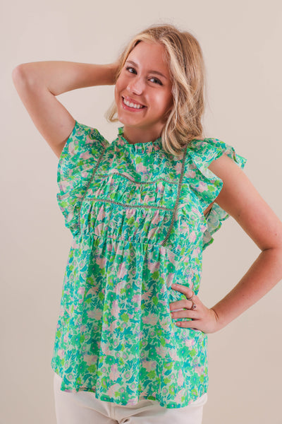 Green Babydoll Style Top- Women's Preppy Tops- Women's Colorful Blouse