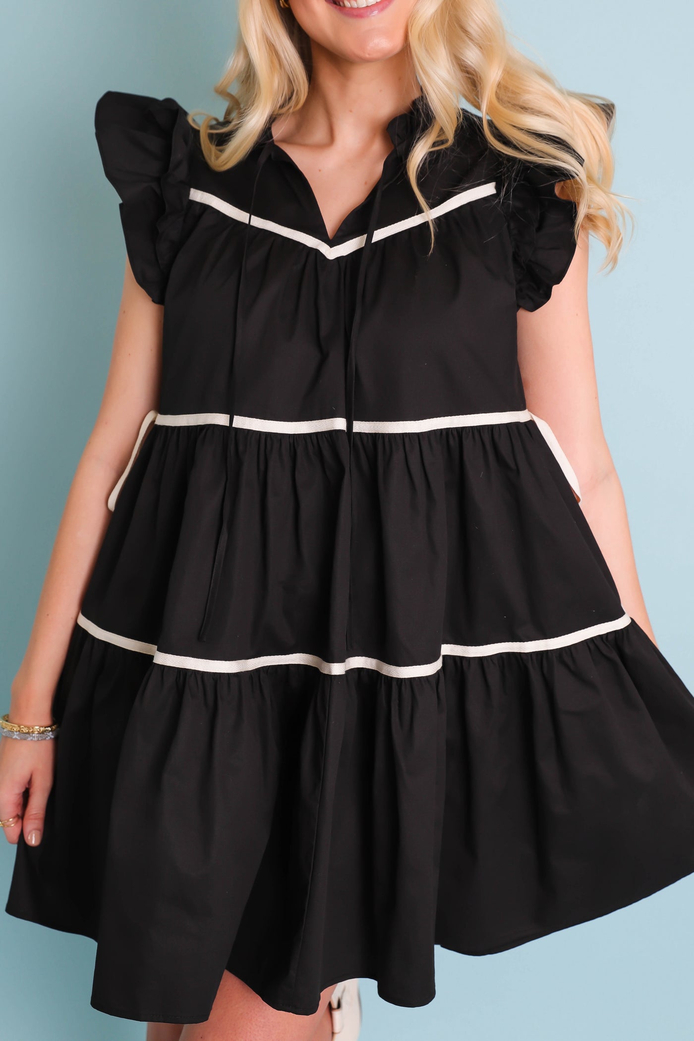 Women's Black Button Down Dress- Chic High End Dress with Ruffle Sleeves- Sofie The Label Dress