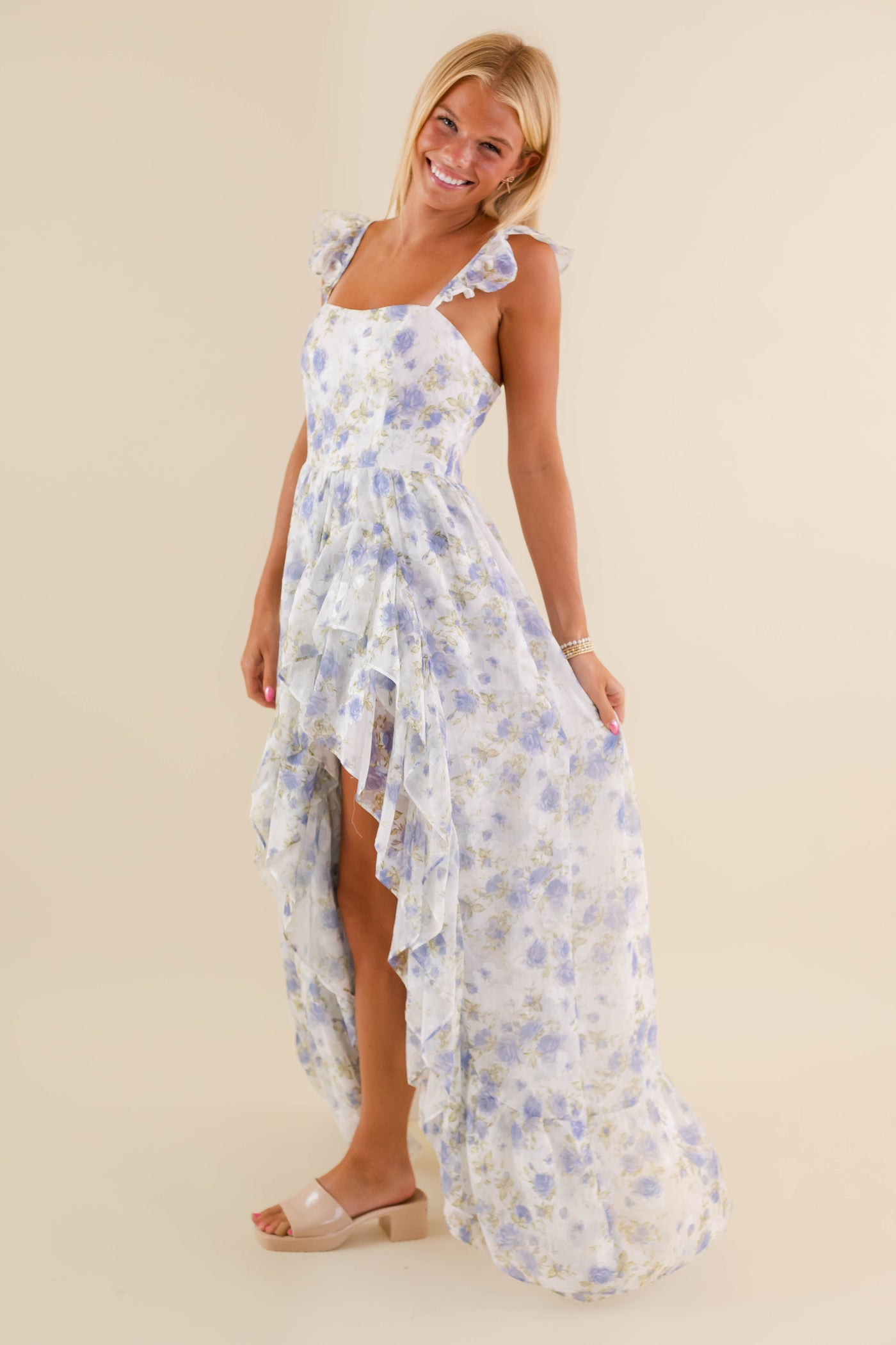 Blue Rose Printed Dress-High-Low Maxi Dress- Storia Floral Print Dress