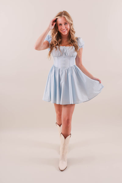 Baby Blue Corset Style Dress- Women's Puff Sleeve Corset Dress- Mable Dresses
