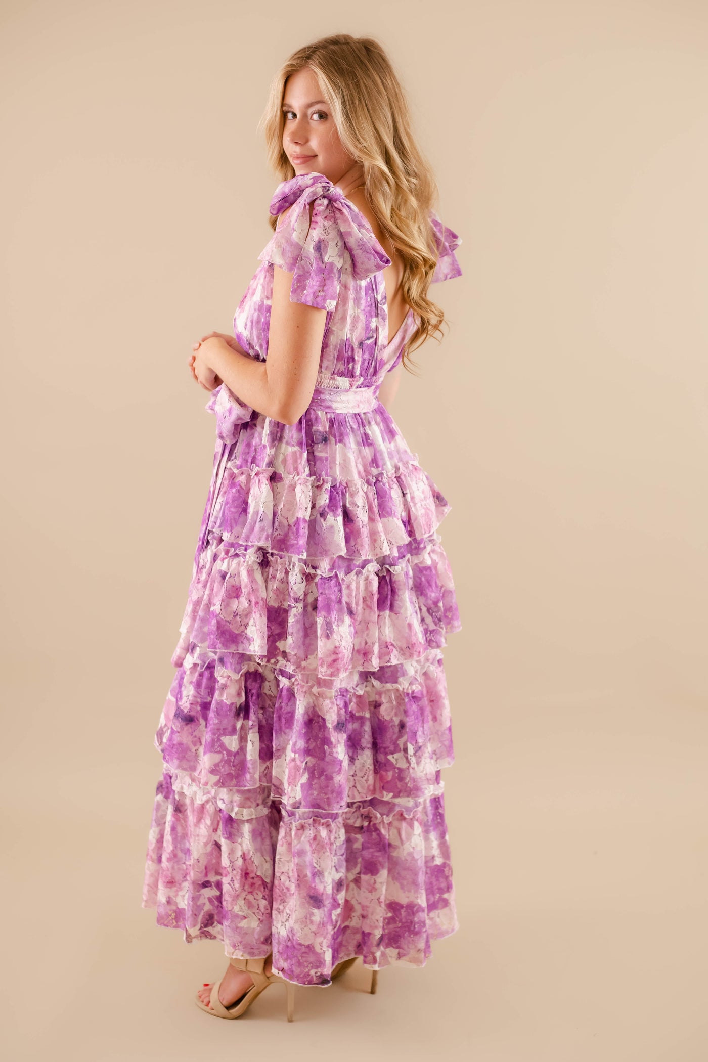 Tiered Formal Maxi Dress- Women's Purple Floral Maxi- Clothing Company Dresses