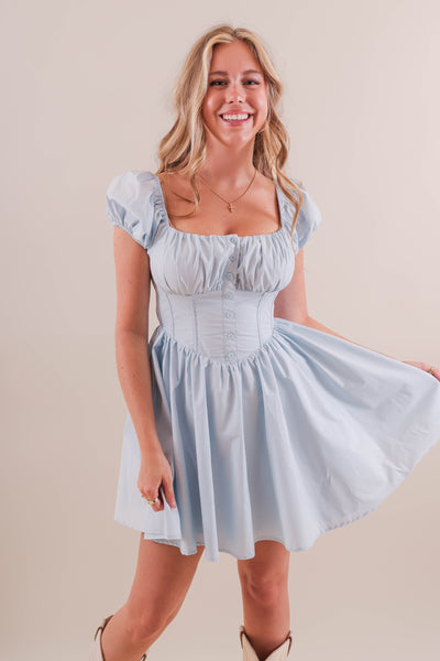 Baby Blue Corset Style Dress- Women's Puff Sleeve Corset Dress- Mable Dresses