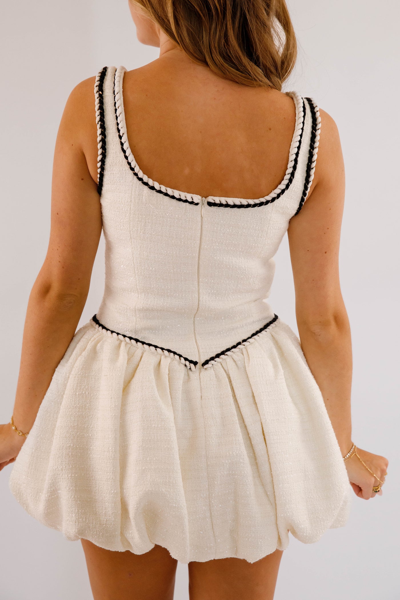 Women's Princess Seam Mini Dress Women's White Tweed Dress Bubble Hem Mini Dress