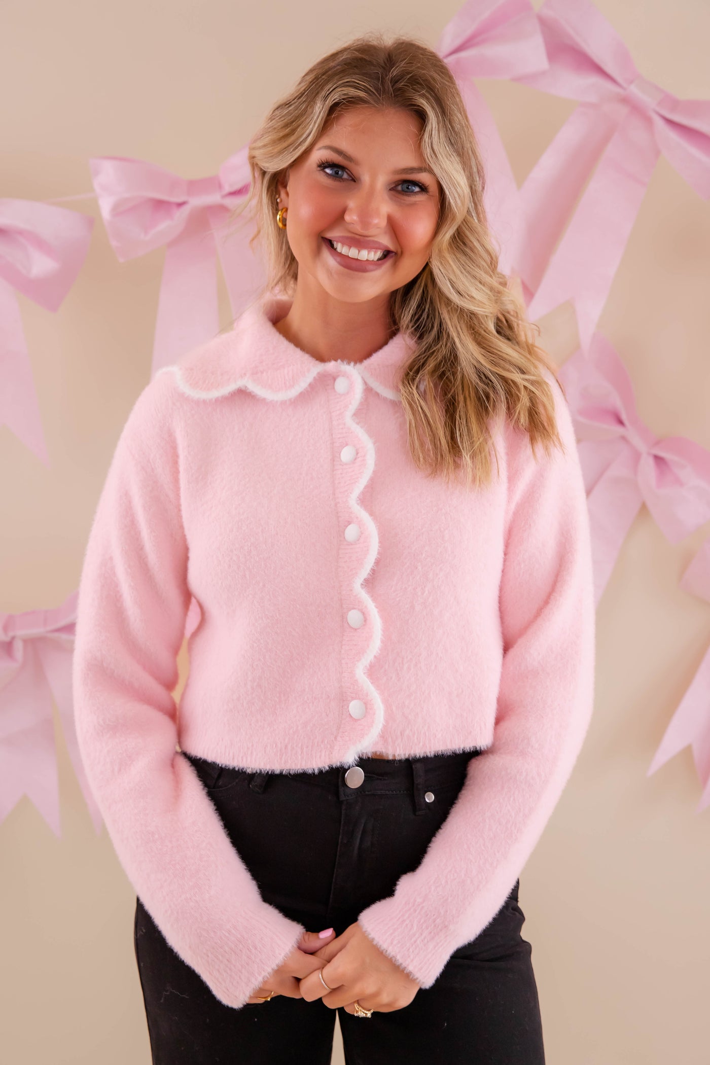 Fuzzy Light Pink Sweater- Scalloped Pink Fuzzy Sweater- Mable Light Pink Sweater
