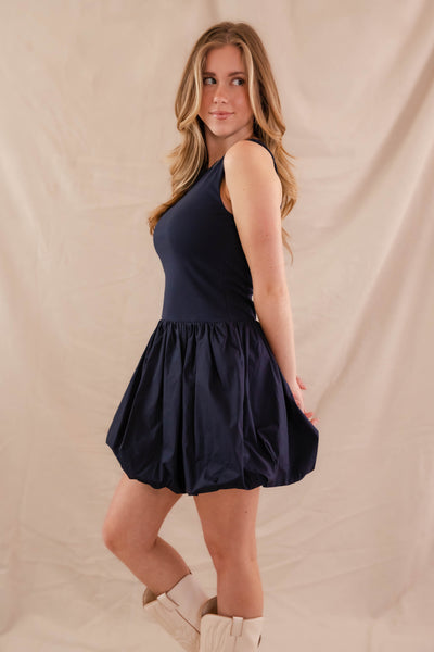 Navy Mini Bubble Dress- Women's Bubble Hem Dress- Cute Navy Mini Dress