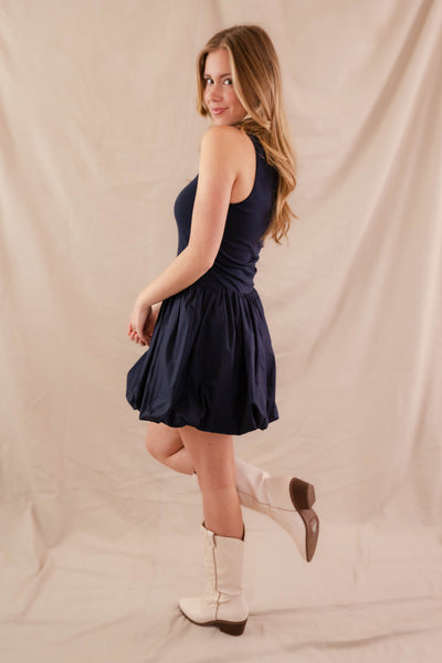 Navy Mini Bubble Dress- Women's Bubble Hem Dress- Cute Navy Mini Dress