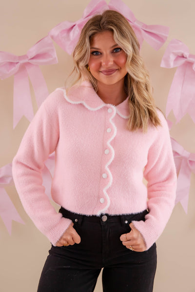 Fuzzy Light Pink Sweater- Scalloped Pink Fuzzy Sweater- Mable Light Pink Sweater
