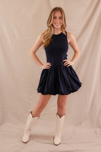 Navy Mini Bubble Dress- Women's Bubble Hem Dress- Cute Navy Mini Dress