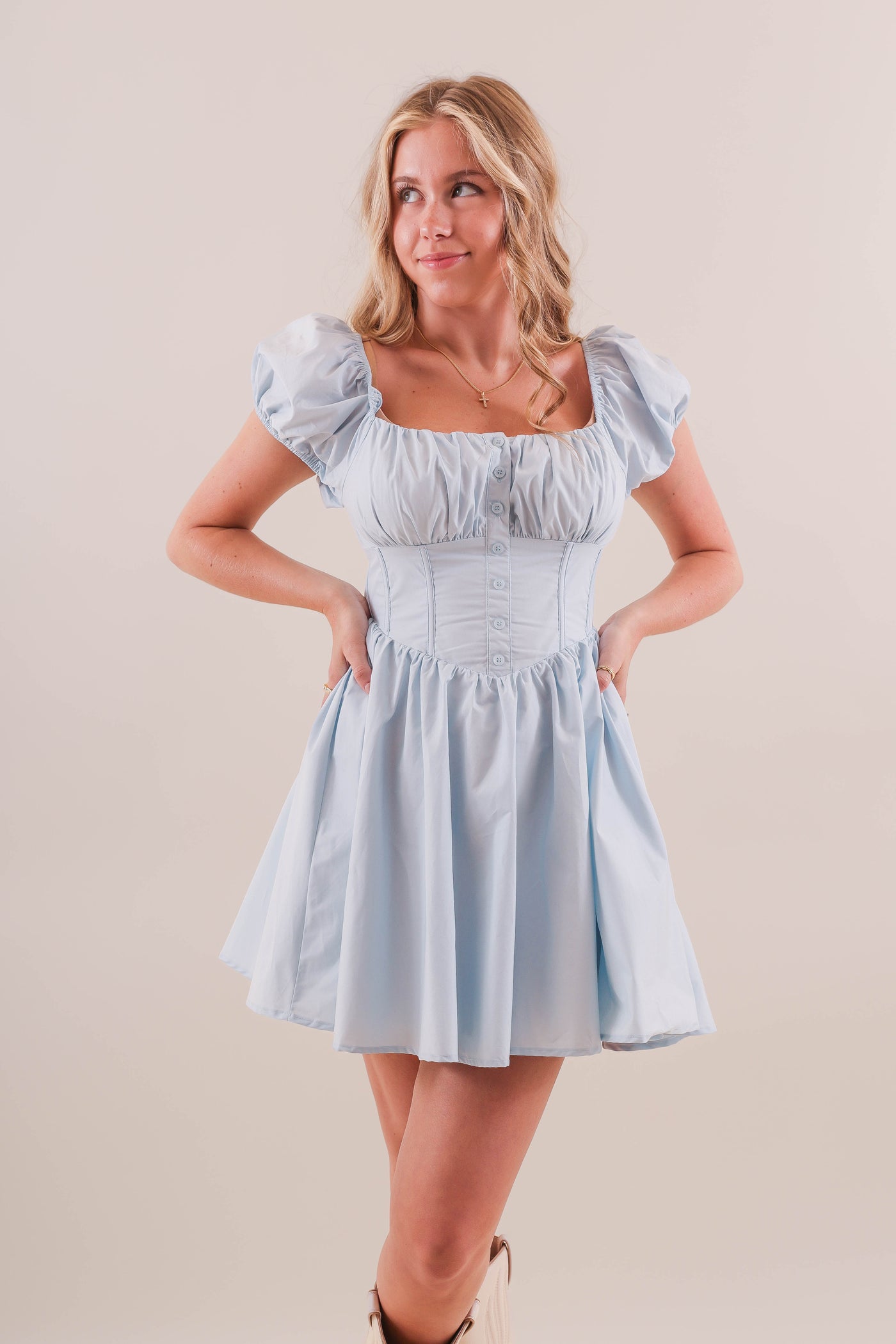 Baby Blue Corset Style Dress- Women's Puff Sleeve Corset Dress- Mable Dresses