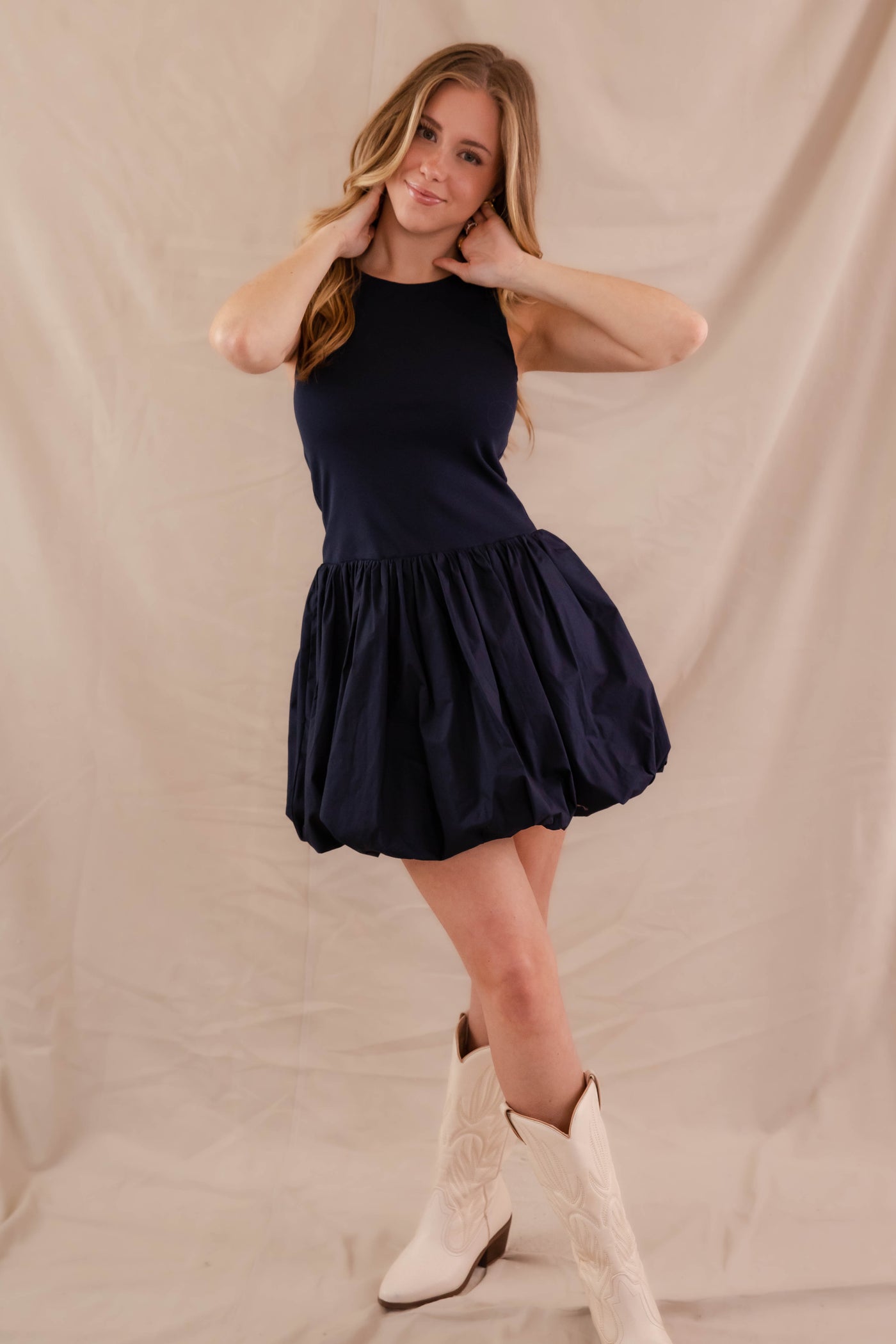 Navy Mini Bubble Dress- Women's Bubble Hem Dress- Cute Navy Mini Dress