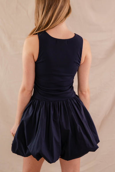 Navy Mini Bubble Dress- Women's Bubble Hem Dress- Cute Navy Mini Dress