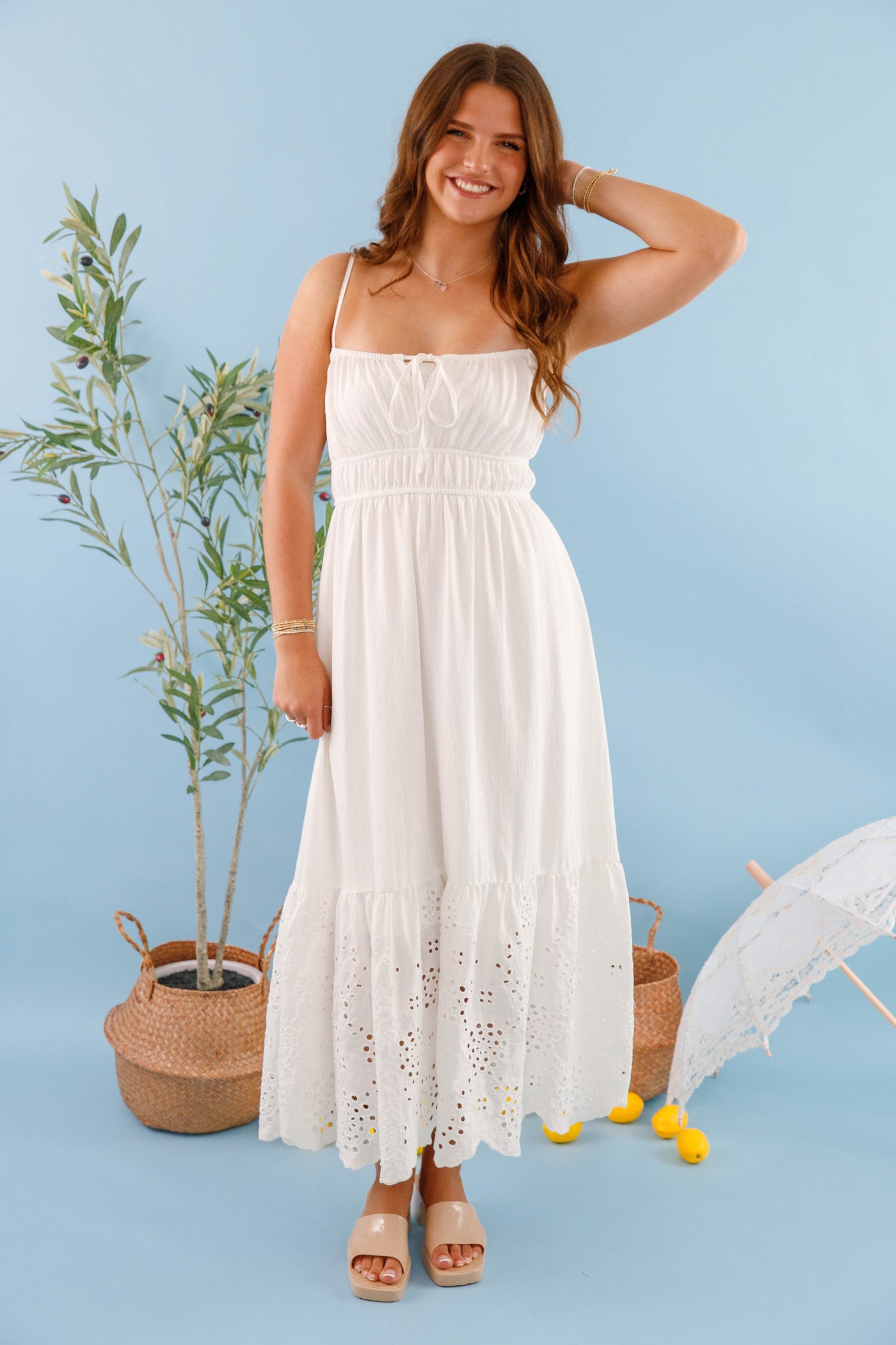 Women's White Midi Dress- White Eyelet Beach Dress- Women's Bridal Shower Dress