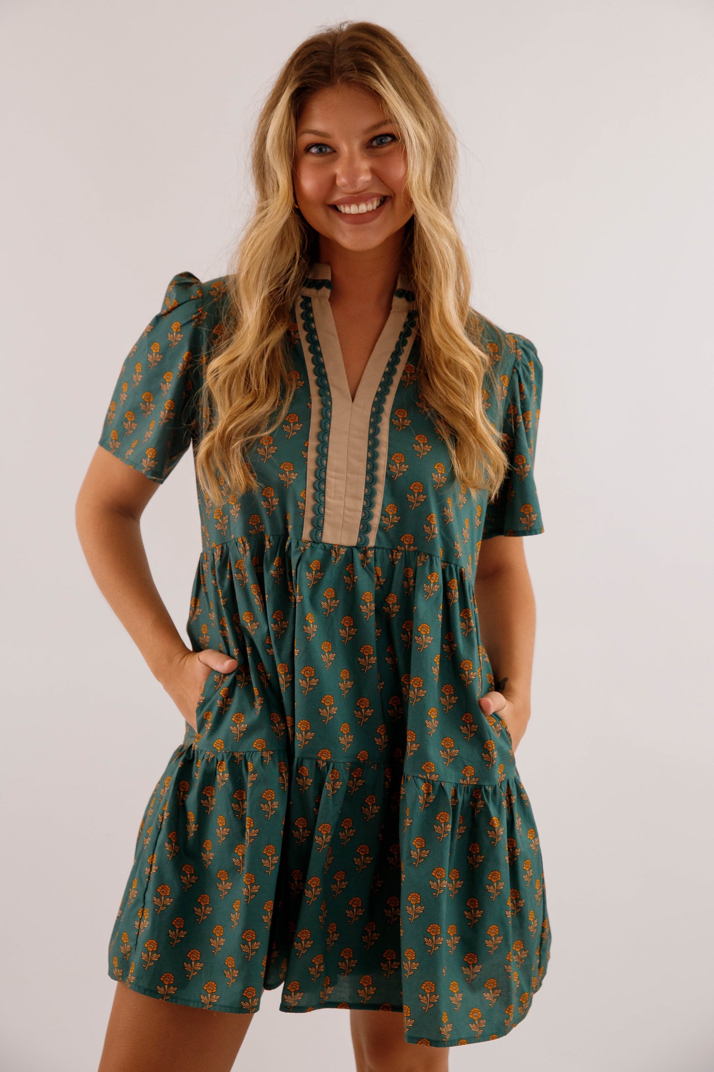 Dark Green Floral Print Short Dress- She + Sky Floral Printed Dress