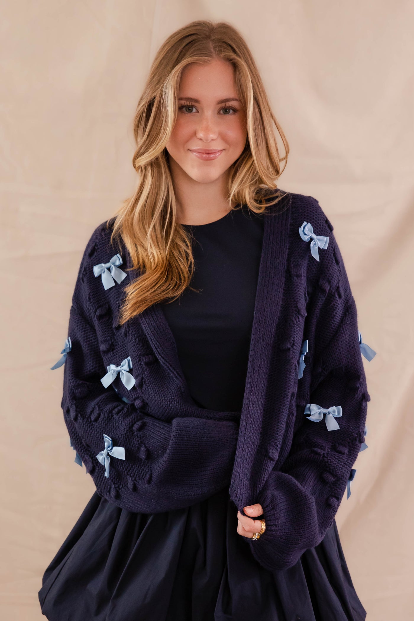 Navy Knit Cardigan- Women's Navy Bow Cardigan- Women's Preppy Sweaters