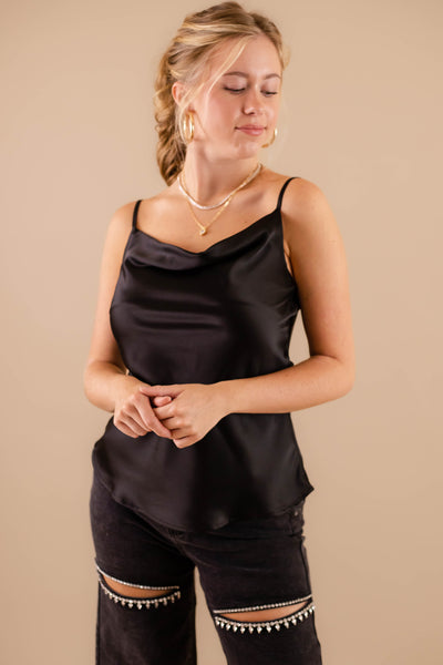 Silky Cowl Neck Tank- Women's Black Satin Top- GLAM Tops