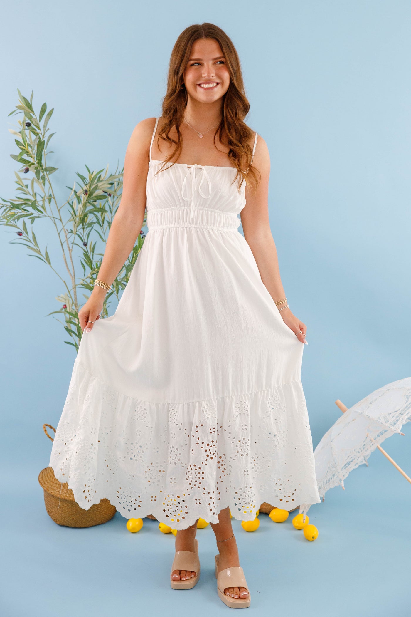 Women's White Midi Dress- White Eyelet Beach Dress- Women's Bridal Shower Dress