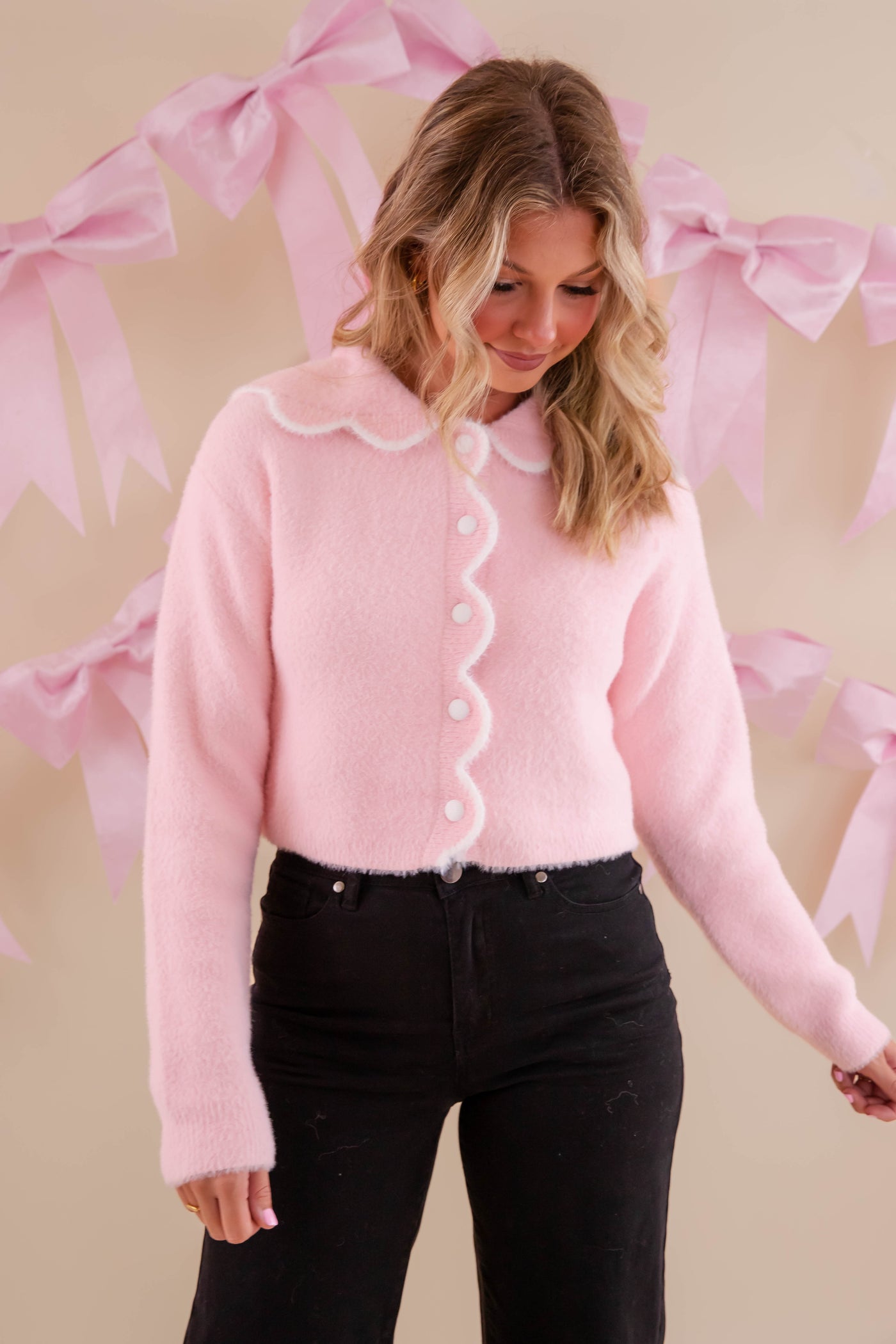 Fuzzy Light Pink Sweater- Scalloped Pink Fuzzy Sweater- Mable Light Pink Sweater