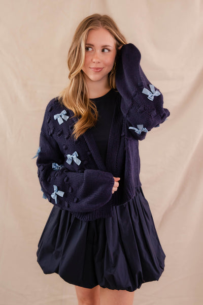 Navy Knit Cardigan- Women's Navy Bow Cardigan- Women's Preppy Sweaters