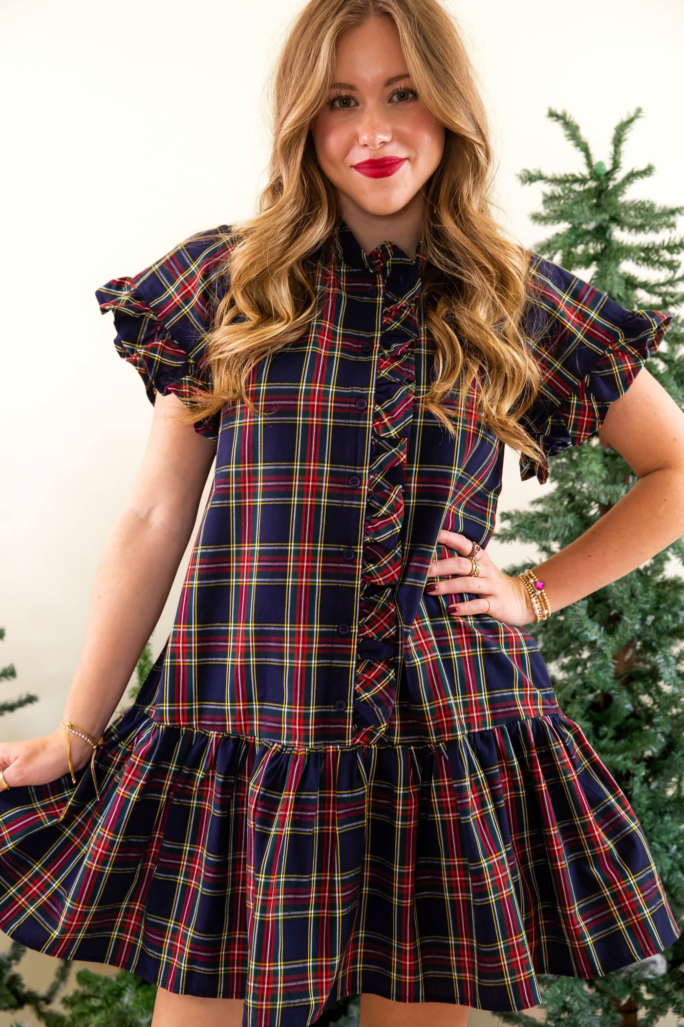 Navy Tartan Dress- Classic Tartan Ruffled Dress- Entro Plaid Dress
