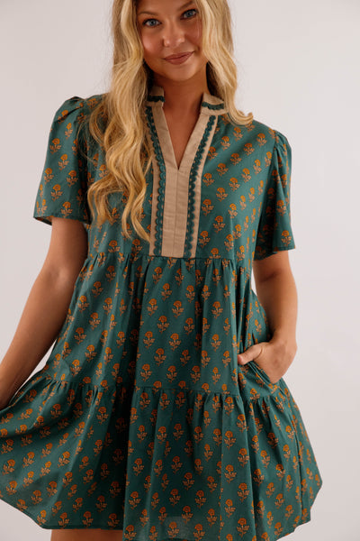Dark Green Floral Print Short Dress- She + Sky Floral Printed Dress