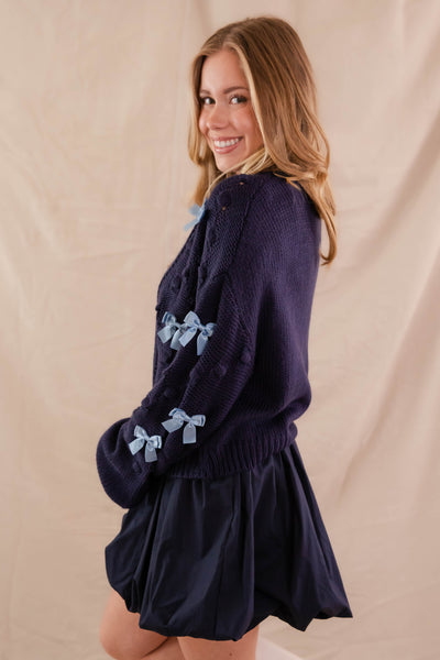 Navy Knit Cardigan- Women's Navy Bow Cardigan- Women's Preppy Sweaters