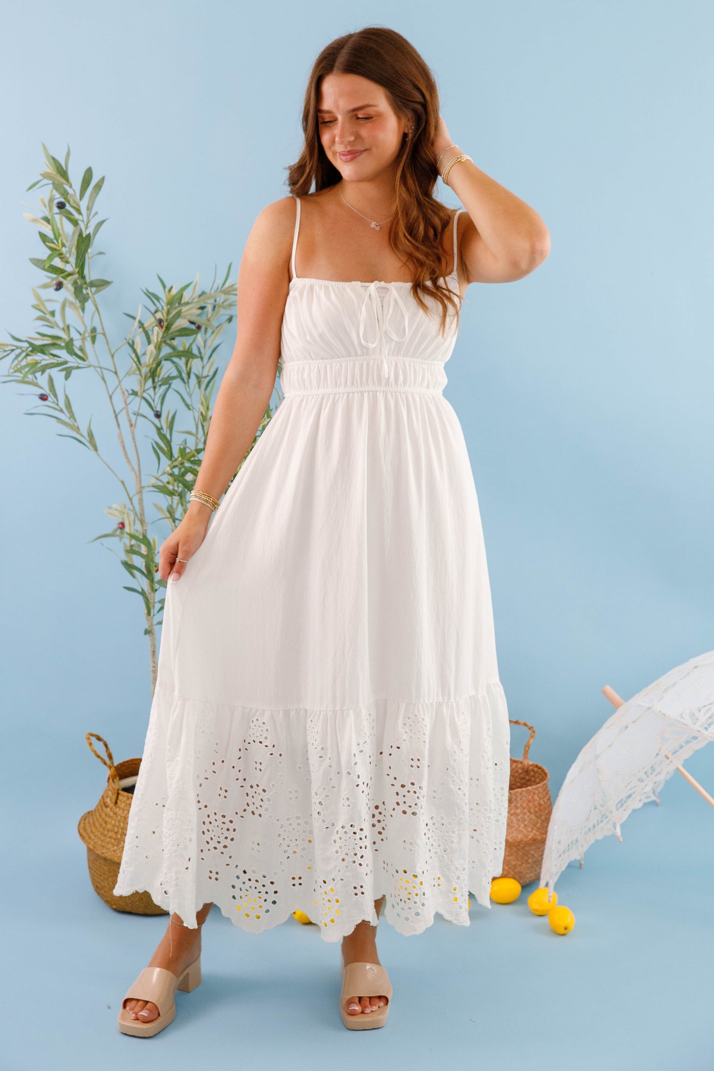 Women's White Midi Dress- White Eyelet Beach Dress- Women's Bridal Shower Dress