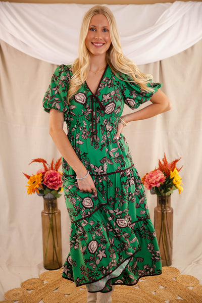 Green Floral Maxi Dress- Women's Fall Floral Dresses- Entro Green Maxi Dress