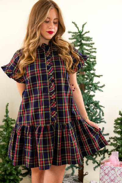 Navy Tartan Dress- Classic Tartan Ruffled Dress- Entro Plaid Dress
