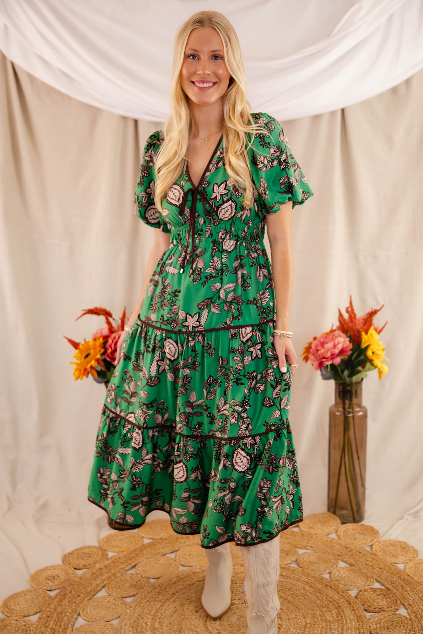 Green Floral Maxi Dress- Women's Fall Floral Dresses- Entro Green Maxi Dress