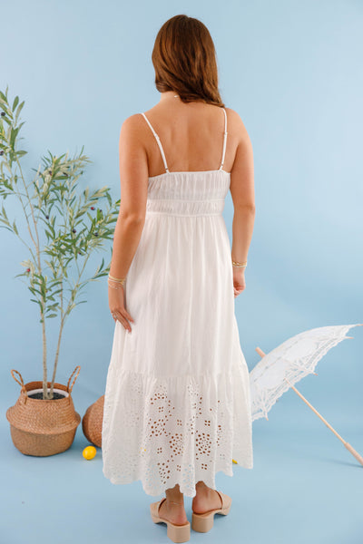 Women's White Midi Dress- White Eyelet Beach Dress- Women's Bridal Shower Dress