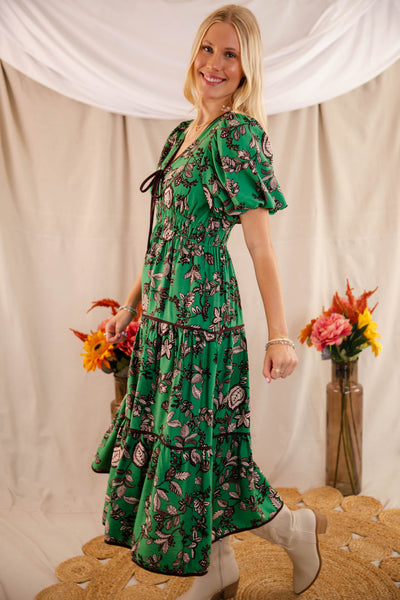 Green Floral Maxi Dress- Women's Fall Floral Dresses- Entro Green Maxi Dress