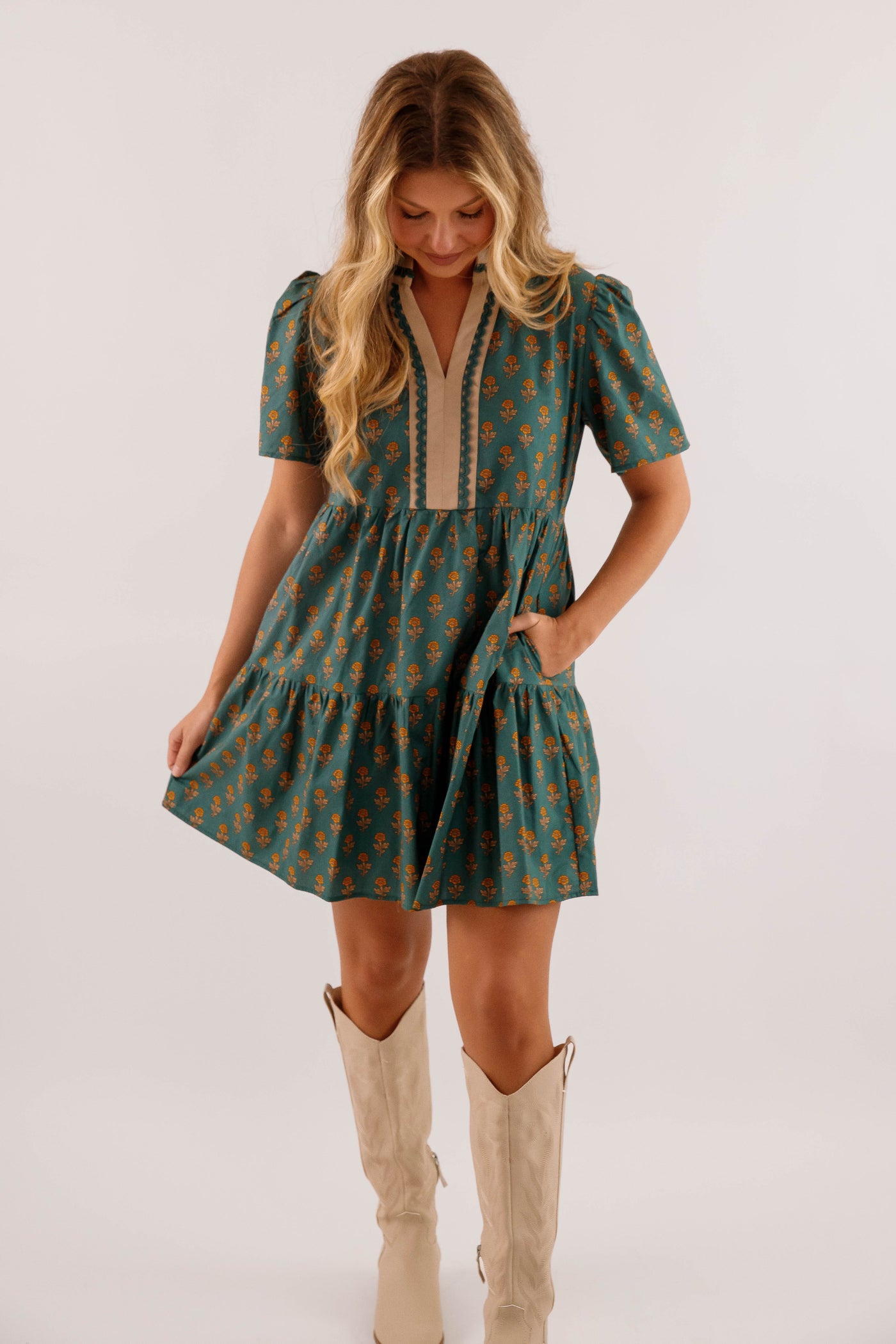 Dark Green Floral Print Short Dress- She + Sky Floral Printed Dress