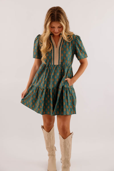 Dark Green Floral Print Short Dress- She + Sky Floral Printed Dress