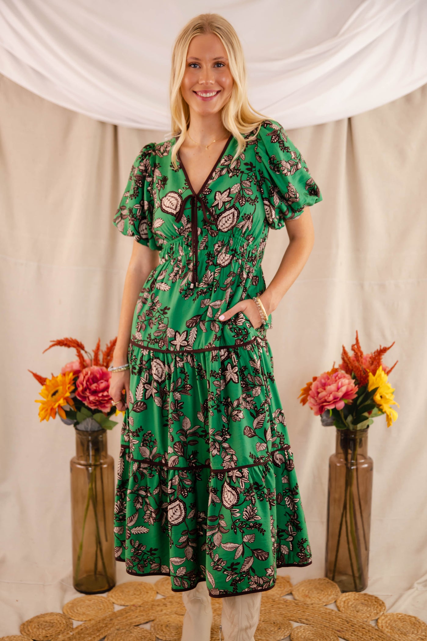 Green Floral Maxi Dress- Women's Fall Floral Dresses- Entro Green Maxi Dress