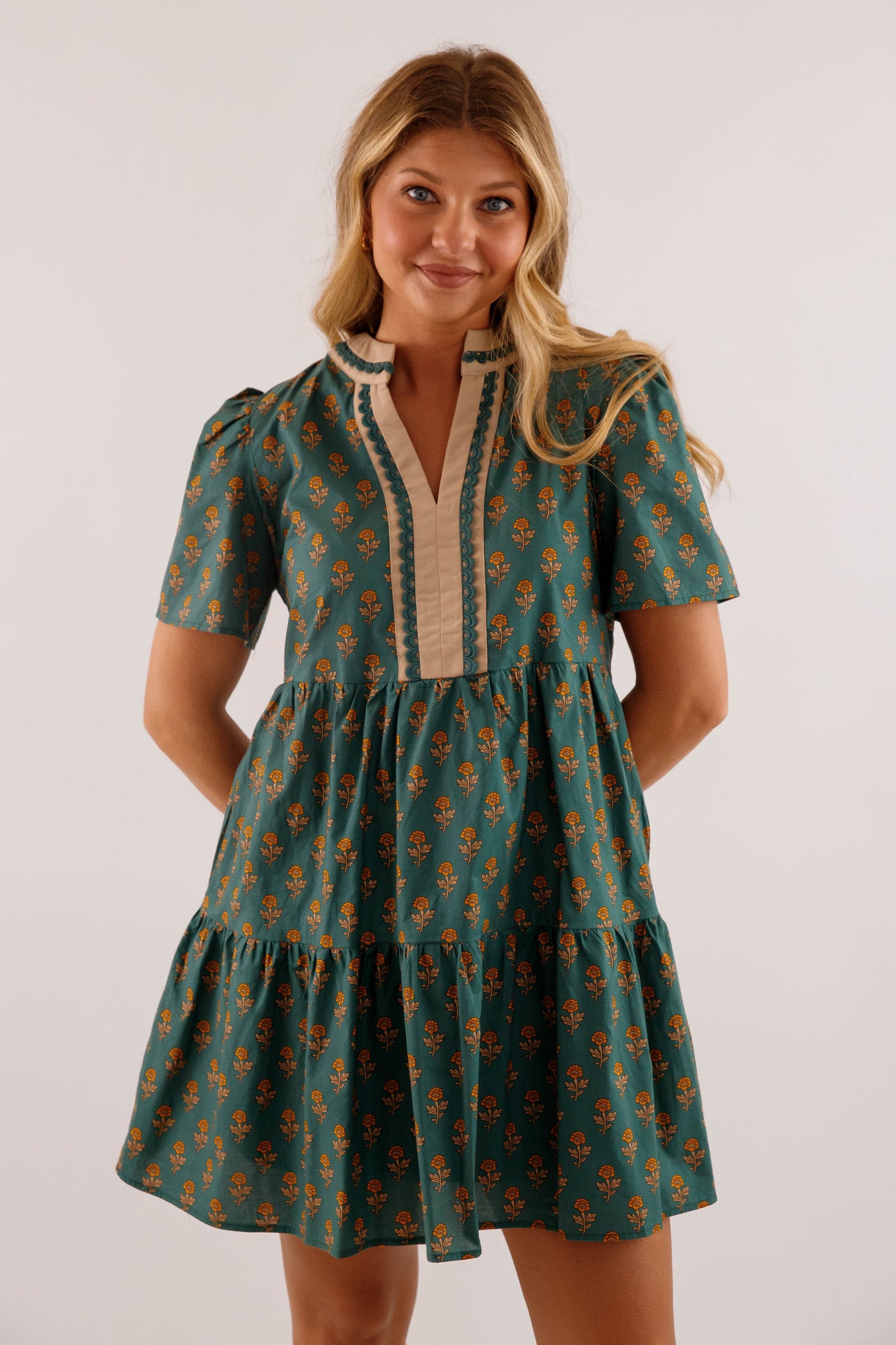 Dark Green Floral Print Short Dress- She + Sky Floral Printed Dress