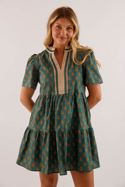 Dark Green Floral Print Short Dress- She + Sky Floral Printed Dress
