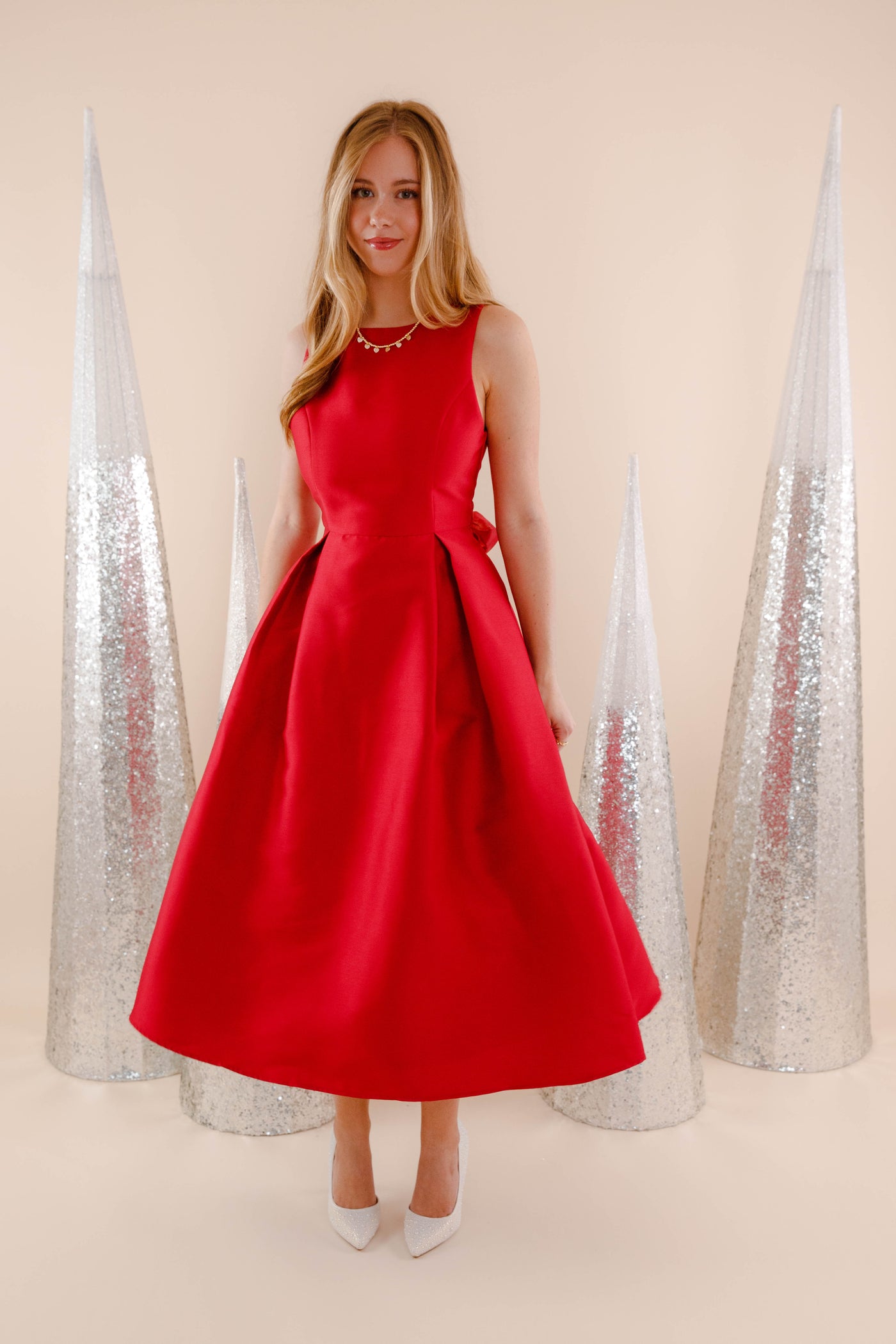 Red Midi Dress With Bow- Elegant Red Event Dress- B Right Red Dress