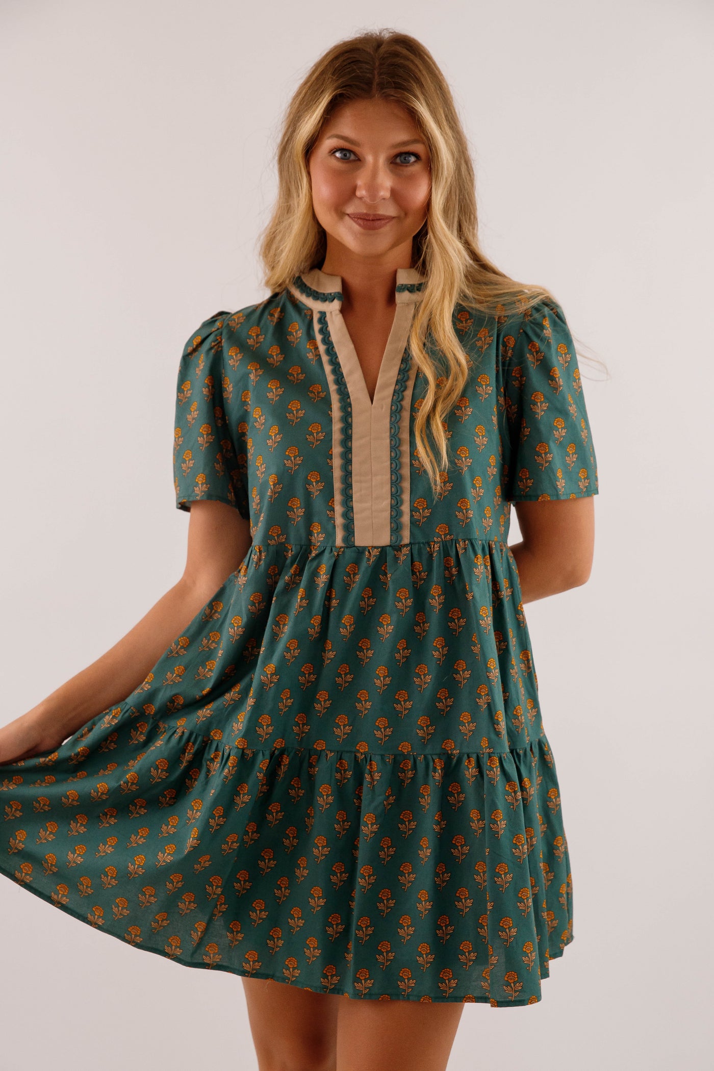 Dark Green Floral Print Short Dress- She + Sky Floral Printed Dress